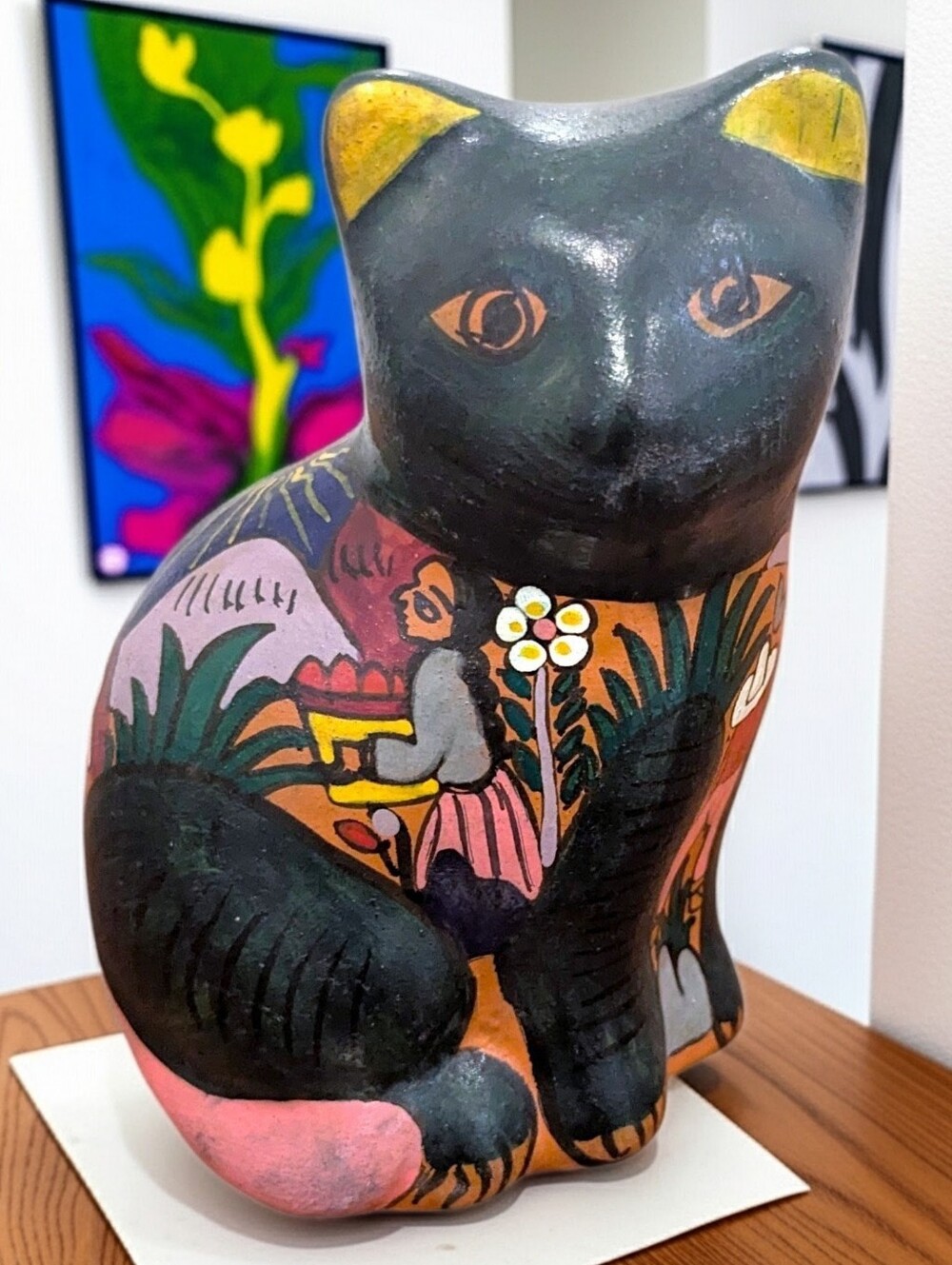 Vintage Signed Jalisco Folk Art Glazed Terra Cotta Hand Painted Sitting Cat